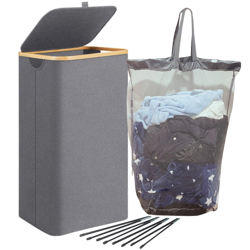 Dobrável Cesto de Lavanderia com Punho de Bambu e Tampa, Cesta de Roupa Suja, Saco Forro Removível para Dormitório, 100L